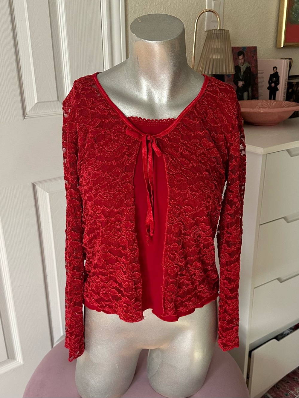 Vintage Biyaycda Red Bow Detail Floral Lace Layered Cardigan Top